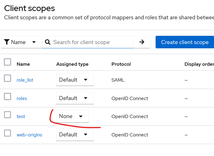 Keycloak client scopes / none assign type