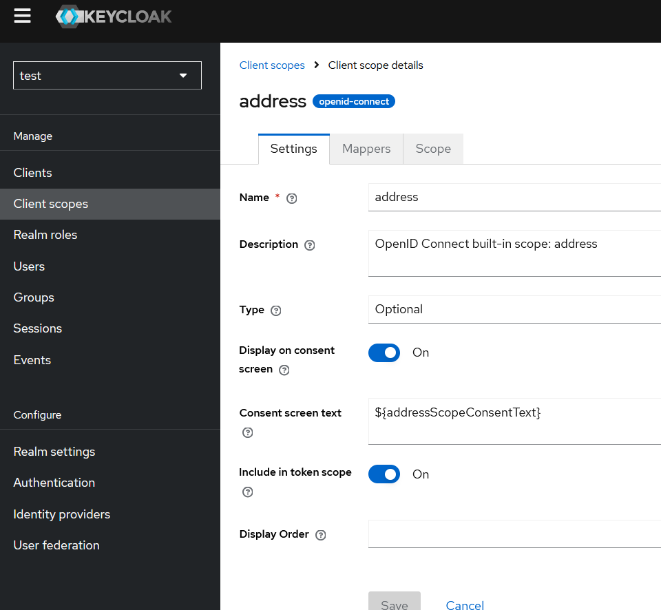 Keycloak client scope openid-connect address settings