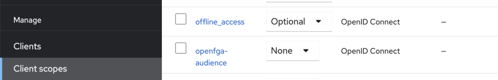 Keycloak / client scope configuration with the "none" assigned type